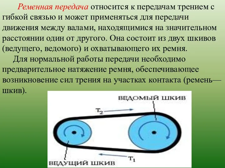 Ременная передача относится к передачам трением с гибкой связью и может применяться