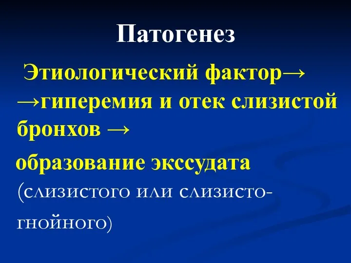 Патогенез Этиологический фактор→ →гиперемия и отек слизистой бронхов → образование экссудата (слизистого или слизисто-гнойного)