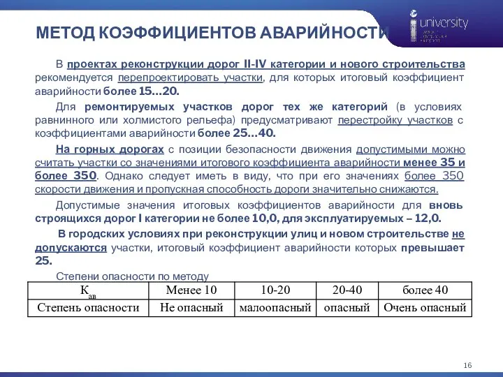 МЕТОД КОЭФФИЦИЕНТОВ АВАРИЙНОСТИ В проектах реконструкции дорог II-IV категории и нового строительства