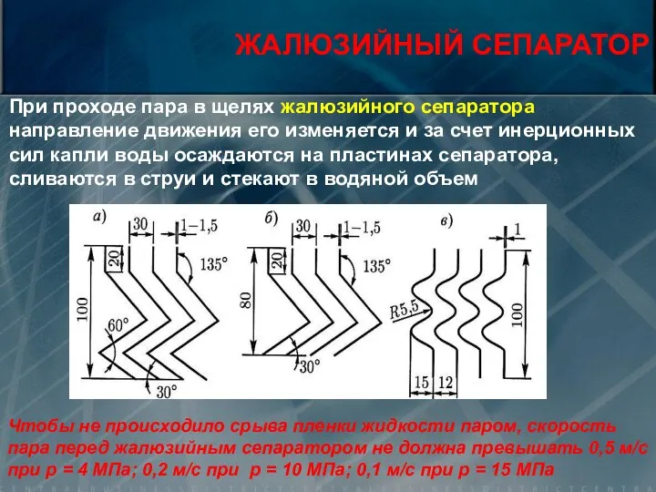 ЖАЛЮЗИЙНЫЙ СЕПАРАТОР При проходе пара в щелях жалюзийного сепаратора направление движения его