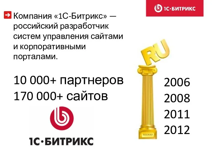 Компания «1С-Битрикс» — российский разработчик систем управления сайтами и корпоративными порталами. 10