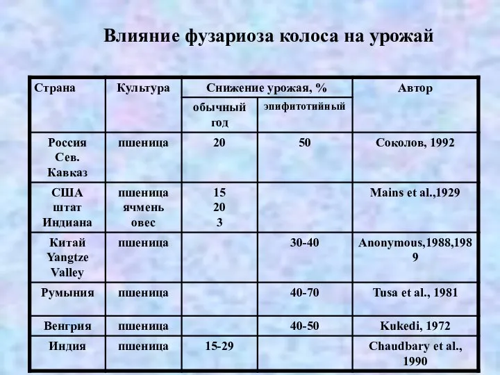 Влияние фузариоза колоса на урожай