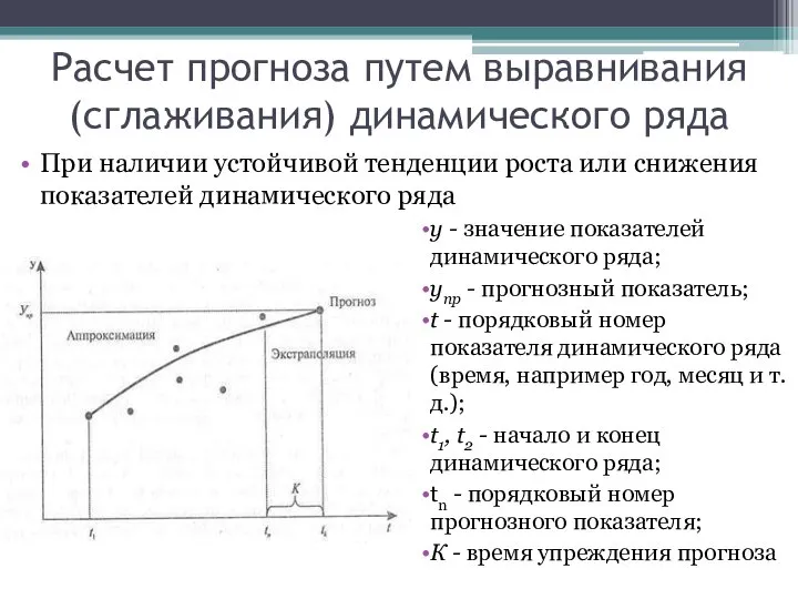 Расчет прогноза путем выравнивания (сглаживания) динамического ряда При наличии устойчивой тенденции роста