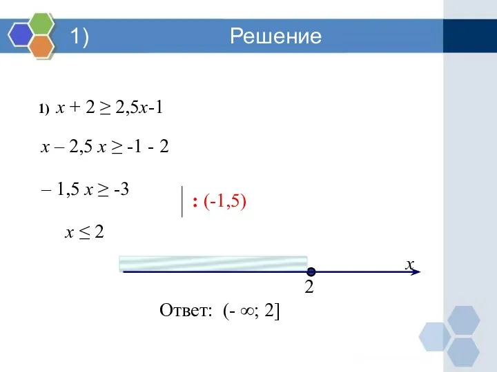 1) Решение 1) х + 2 ≥ 2,5х-1 х – 2,5 х