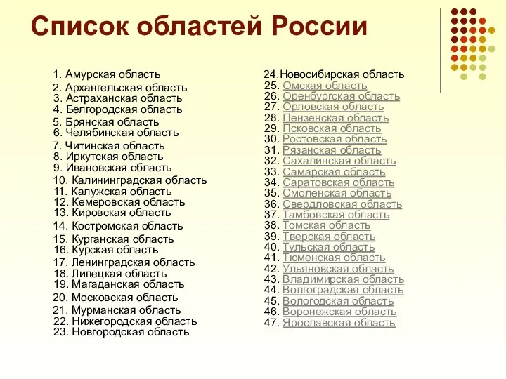 Список областей России 1. Амурская область 2. Архангельская область 3. Астраханская область