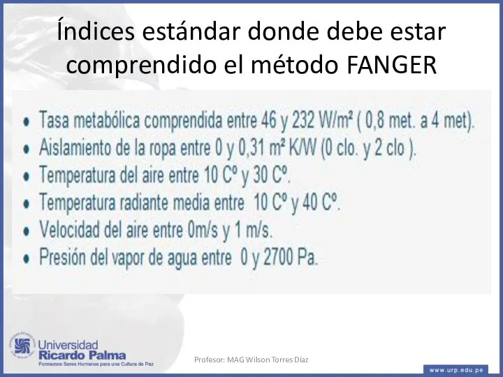 Índices estándar donde debe estar comprendido el método FANGER Profesor: MAG Wilson Torres Díaz