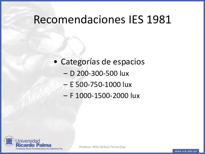 Recomendaciones IES 1981 Categorías de espacios D 200-300-500 lux E 500-750-1000 lux
