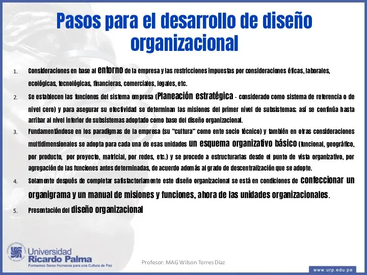 Pasos para el desarrollo de diseño organizacional Consideraciones en base al entorno