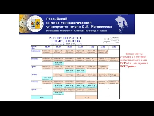 Начало работы отделения с 6 сентября! Занятия проходят: в зале РХТУ-2 и зале аэробики КСК Тушино