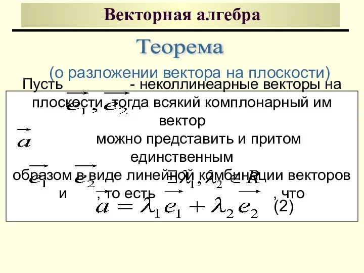 Векторная алгебра Пусть - неколлинеарные векторы на плоскости, тогда всякий комплонарный им