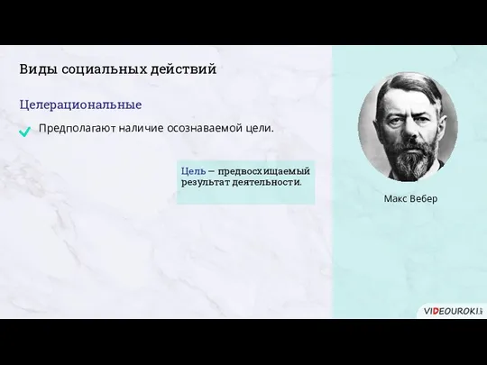 Виды социальных действий Целерациональные Цель — предвосхищаемый результат деятельности.