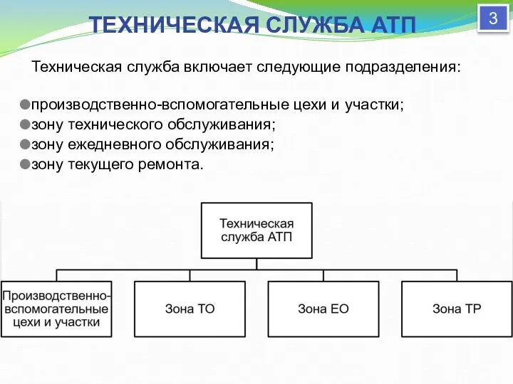 ТЕХНИЧЕСКАЯ СЛУЖБА АТП 3 Техническая служба включает следующие подразделения: производственно-вспомогательные цехи и