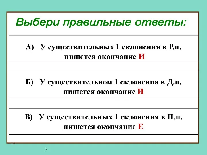 * * В) У существительных 1 склонения в П.п. пишется окончание Е