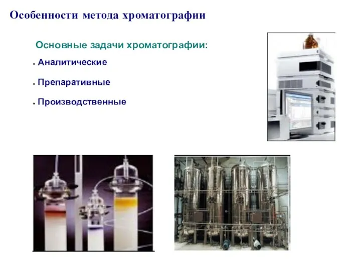 Особенности метода хроматографии Основные задачи хроматографии: Аналитические Препаративные Производственные