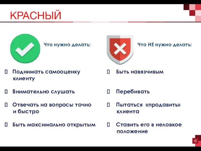 КРАСНЫЙ Что нужно делать: Что НЕ нужно делать: Поднимать самооценку клиенту Внимательно