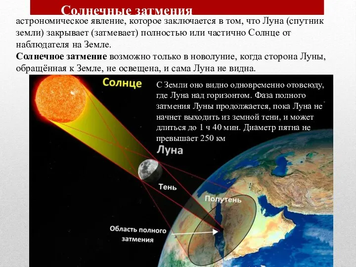 Солнечные затмения астрономическое явление, которое заключается в том, что Луна (спутник земли)