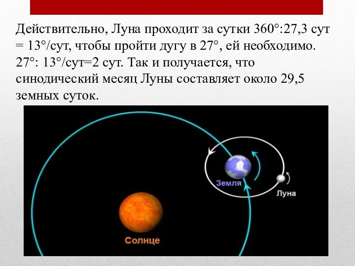 Действительно, Луна проходит за сутки 360°:27,3 сут = 13°/сут, чтобы пройти дугу