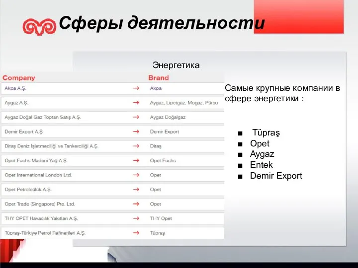 Сферы деятельности Энергетика Tüpraş Opet Aygaz Entek Demir Export Самые крупные компании в сфере энергетики :