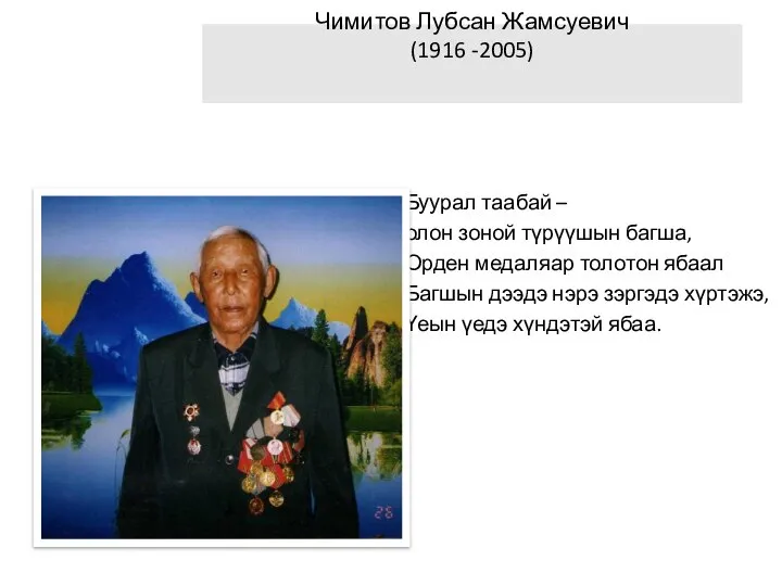 Чимитов Лубсан Жамсуевич (1916 -2005) Буурал таабай – олон зоной түрүүшын багша,