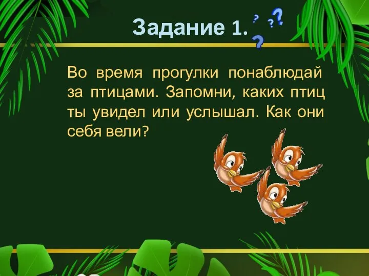 Задание 1. Во время прогулки понаблюдай за птицами. Запомни, каких птиц ты