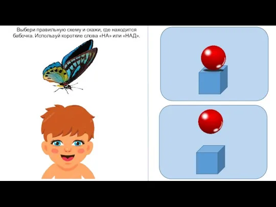 Выбери правильную схему и скажи, где находится бабочка. Используй короткие слова «НА» или «НАД».