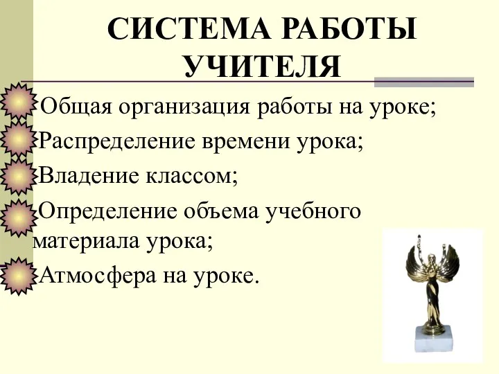 СИСТЕМА РАБОТЫ УЧИТЕЛЯ Общая организация работы на уроке; Распределение времени урока; Владение