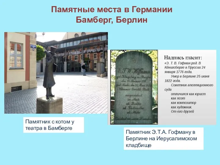 Памятник с котом у театра в Бамберге Памятник Э.Т.А. Гофману в Берлине