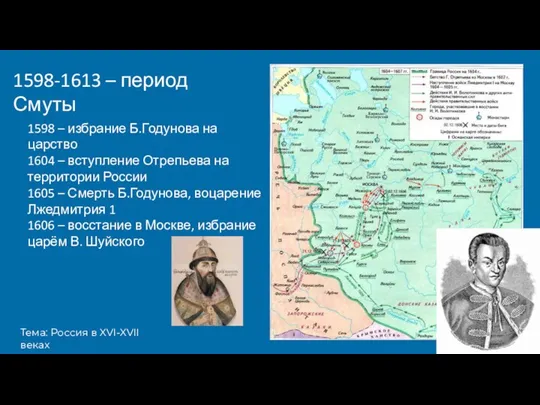 Тема: Россия в XVI-XVII веках 1598-1613 – период Смуты 1598 – избрание