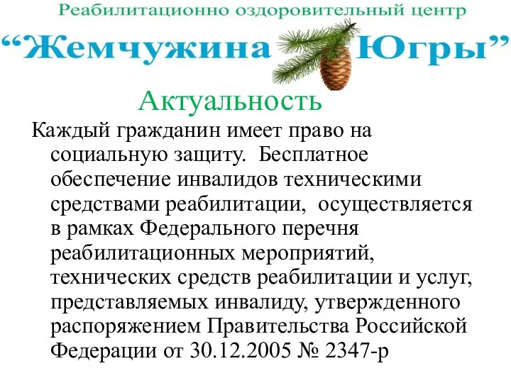 Актуальность Каждый гражданин имеет право на социальную защиту. Бесплатное обеспечение инвалидов техническими