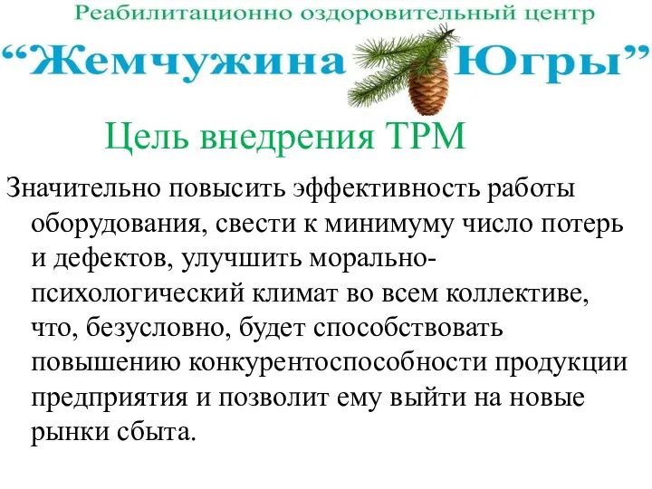 Цель внедрения ТРМ Значительно повысить эффективность работы оборудования, свести к минимуму число