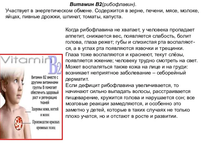 Витамин В2(рибофлавин). Участвует в энергетическом обмене. Содержится в зерне, печени, мясе, молоке,