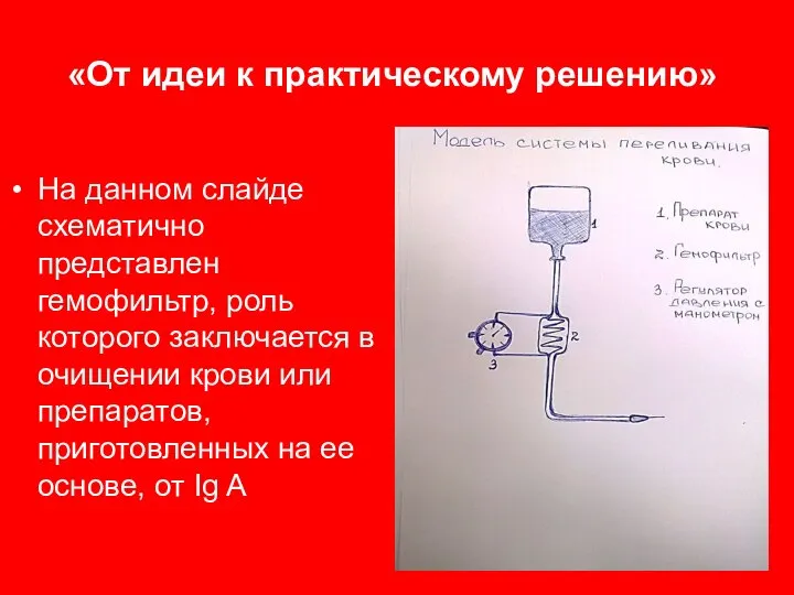 «От идеи к практическому решению» На данном слайде схематично представлен гемофильтр, роль