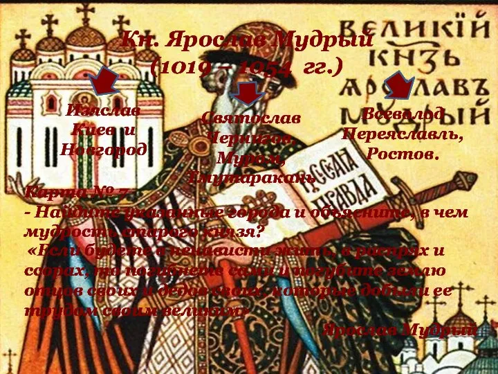 Кн. Ярослав Мудрый (1019 – 1054 гг.) Изяслав Киев и Новгород Святослав