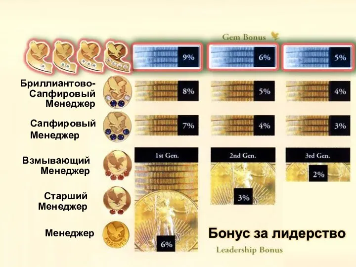 Бриллиантово- Сапфировый Менеджер Сапфировый Менеджер Взмывающий Менеджер Старший Менеджер Менеджер