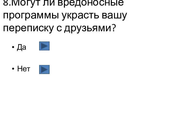 8.Могут ли вредоносные программы украсть вашу переписку с друзьями? Да Нет