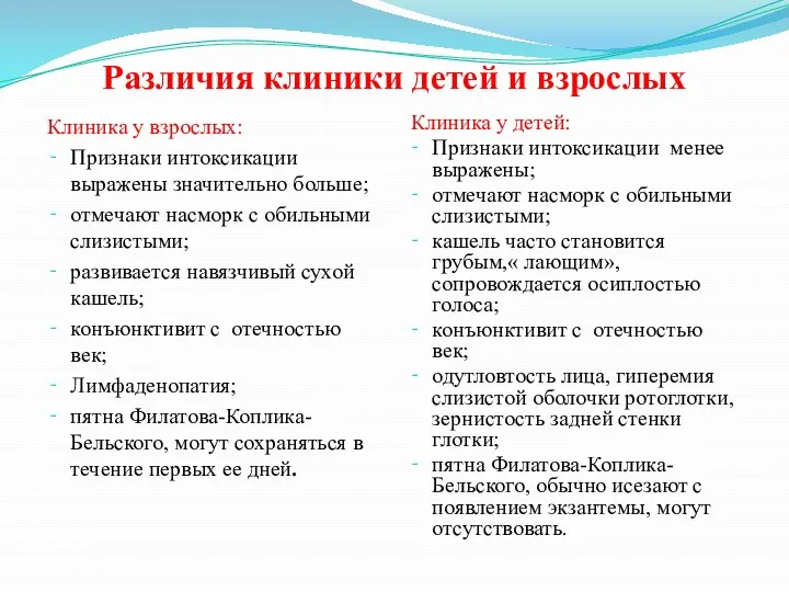 Различия клиники детей и взрослых Клиника у взрослых: Признаки интоксикации выражены значительно