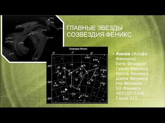 ГЛАВНЫЕ ЗВЕЗДЫ СОЗВЕЗДИЯ ФЕНИКС Анкаа (Альфа Феникса) Бета Феникса Гамма Феникса Каппа