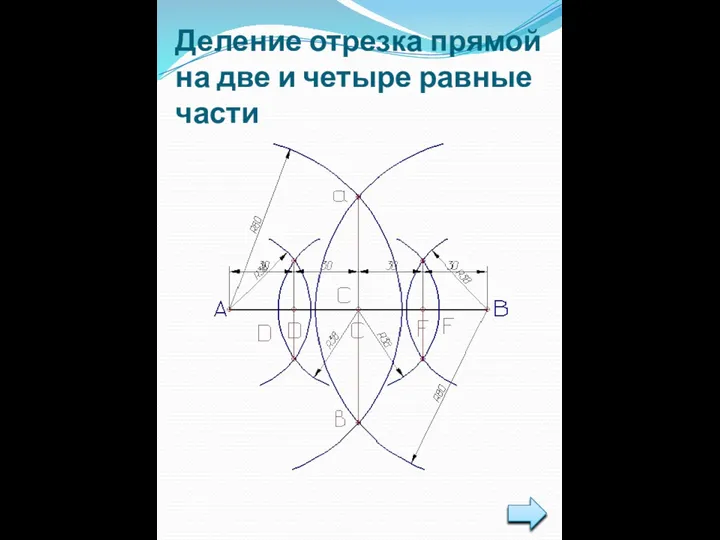 Деление отрезка прямой на две и четыре равные части