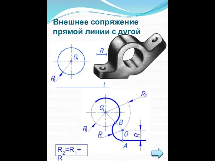 Внешнее сопряжение прямой линии с дугой R2=R1+R