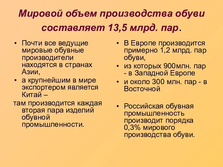 Мировой объем производства обуви составляет 13,5 млрд. пар. Почти все ведущие мировые