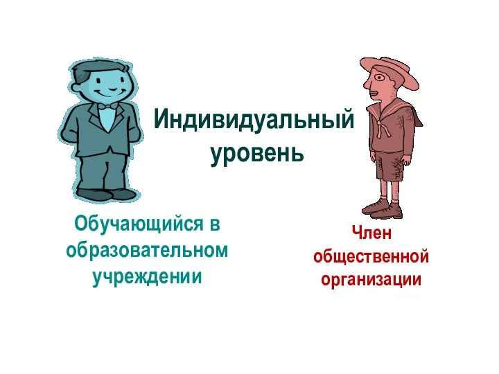 Обучающийся в образовательном учреждении Член общественной организации Индивидуальный уровень