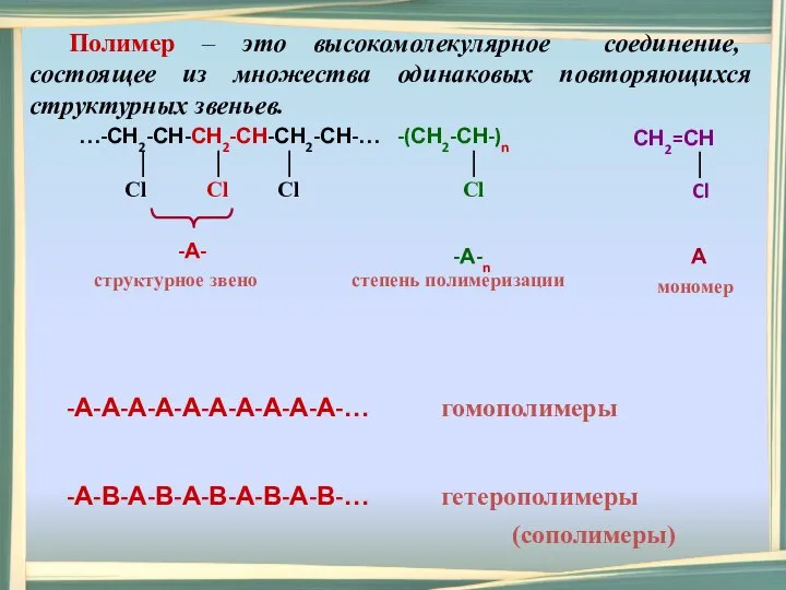 Полимер – это высокомолекулярное соединение, состоящее из множества одинаковых повторяющихся структурных звеньев.