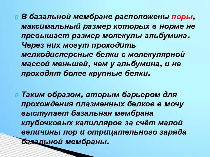 В базальной мембране расположены поры, максимальный размер которых в норме не превышает