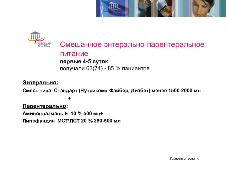 Смешанное энтерально-парентеральное питание первые 4-5 суток получали 63(74) - 85 % пациентов