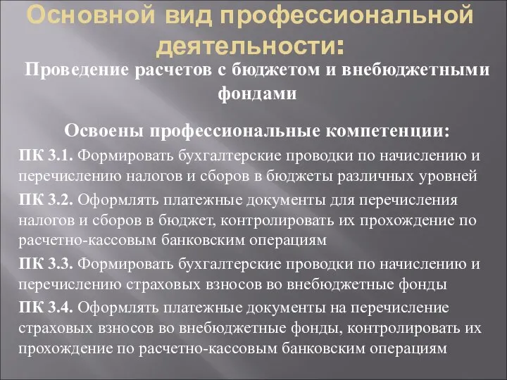 Основной вид профессиональной деятельности: Проведение расчетов с бюджетом и внебюджетными фондами Освоены