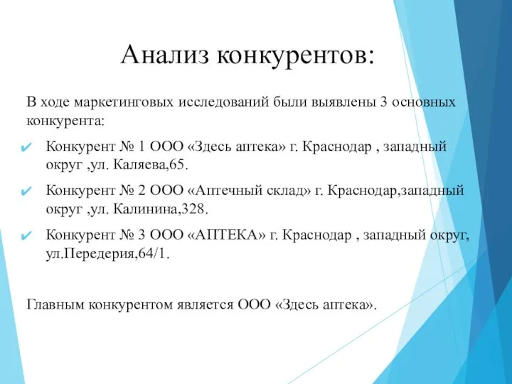 Анализ конкурентов: В ходе маркетинговых исследований были выявлены 3 основных конкурента: Конкурент