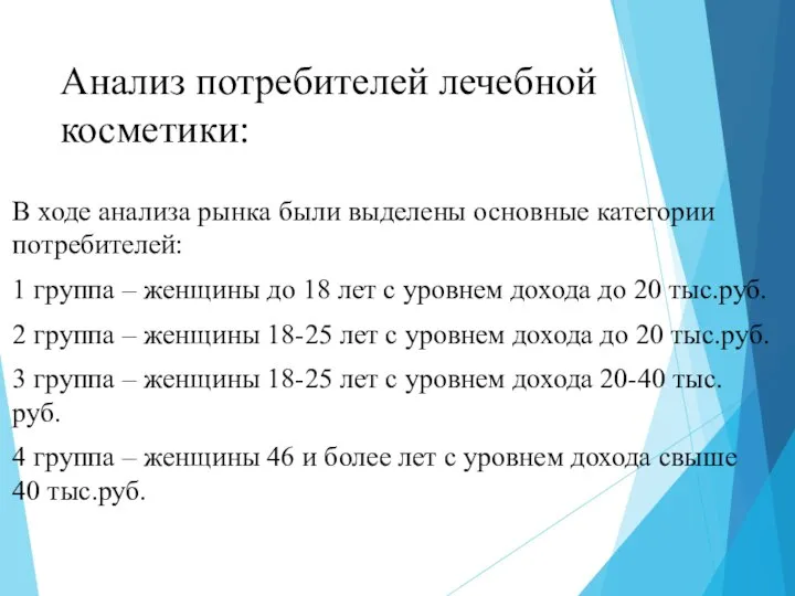 Анализ потребителей лечебной косметики: В ходе анализа рынка были выделены основные категории