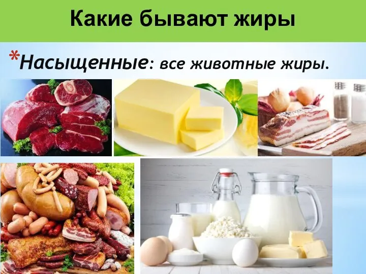 Какие бывают жиры Насыщенные: все животные жиры.