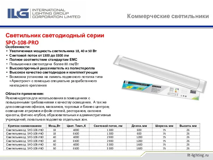 llt-lighting.ru Особенности: Увеличенная мощность светильника 18, 40 и 50 Вт Световой поток