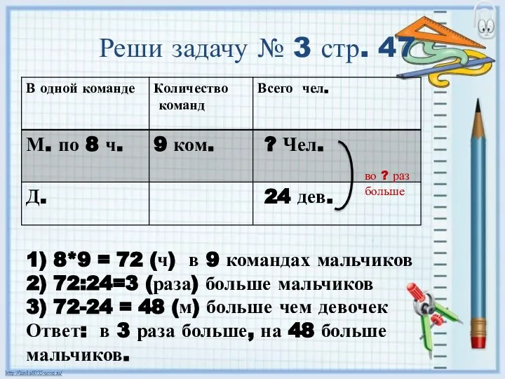 Реши задачу № 3 стр. 47 1) 8*9 = 72 (ч) в